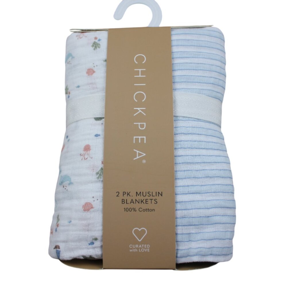 Chick Pea Muslin Baby Swaddle Blanket Set Ocean Sea Life Blue Striped NWT RARE